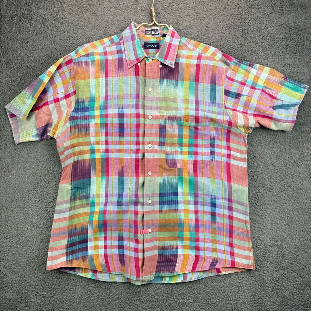 Gant Mens Large Authentic Indian Ikat Plaid Short Sleeve Button Down Shirt Multi